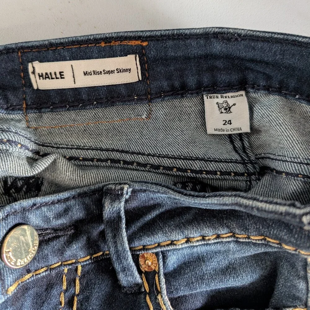 True Religion Halle Mid Rise Super Skinny Jeans Dark Blue Wash Size 24 Y2K Denim - Picture 10 of 12